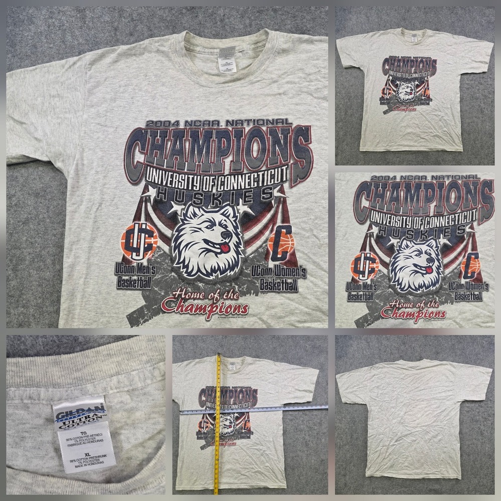 Vintage UConn Huskies T Shirt Mens XL Gray NCAA Basketball 2004 Champs Gildan